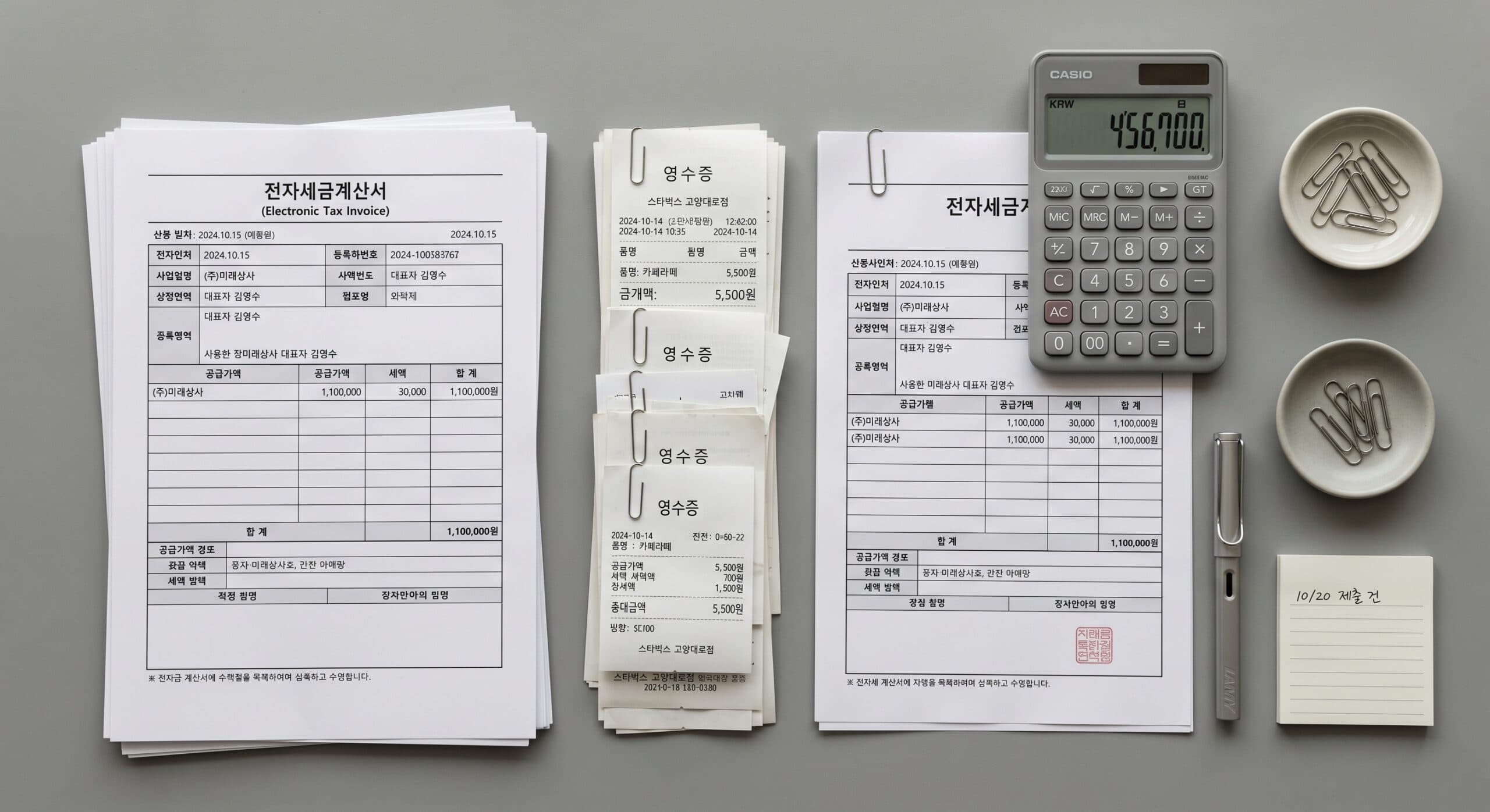 부가세 확정신고 증빙 자료와 영수증을 분류하는 모습