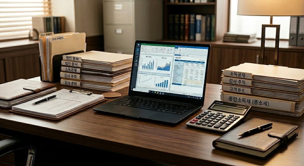 종소세 서류를 체계적으로 분류하고 있는 전문 세무사의 집무실 전경